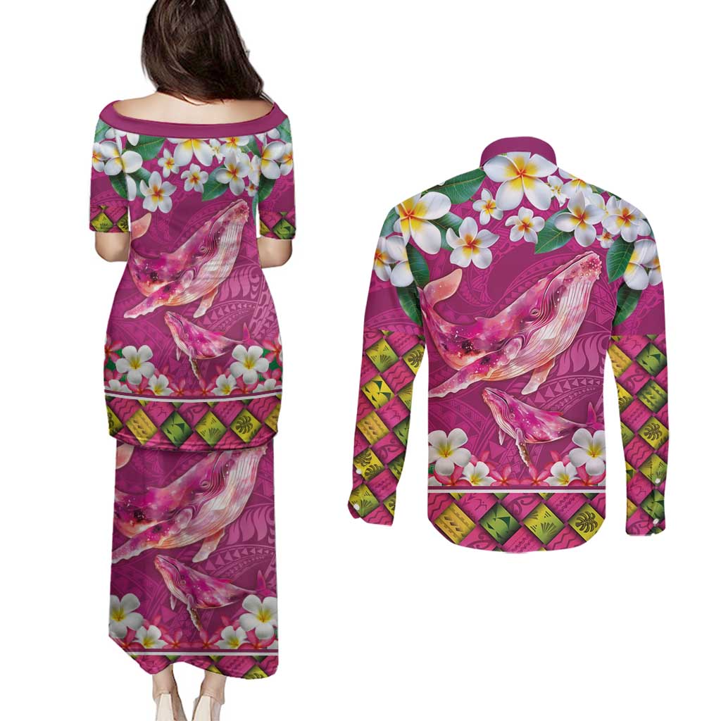 Hawaiian Plumeria and Humpback Whales Couples Matching Puletasi and Long Sleeve Button Shirt Polynerian Art Tattoo-Plum Pink Color LT03 - Polynesian Pride