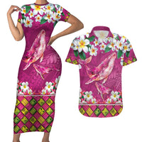 Hawaiian Plumeria and Humpback Whales Couples Matching Short Sleeve Bodycon Dress and Hawaiian Shirt Polynerian Art Tattoo-Plum Pink Color