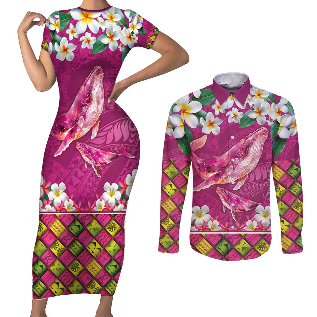 Hawaiian Plumeria and Humpback Whales Couples Matching Short Sleeve Bodycon Dress and Long Sleeve Button Shirt Polynerian Art Tattoo-Plum Pink Color