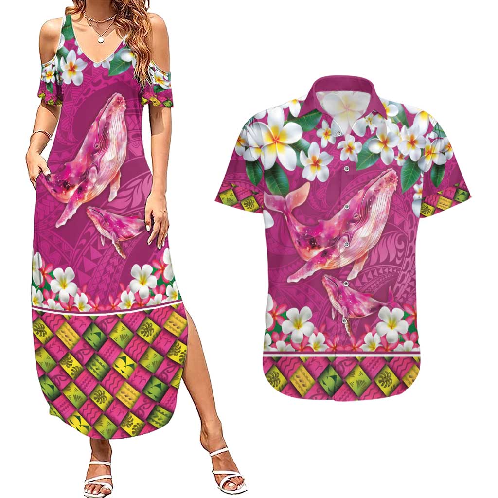 Hawaiian Plumeria and Humpback Whales Couples Matching Summer Maxi Dress and Hawaiian Shirt Polynerian Art Tattoo-Plum Pink Color