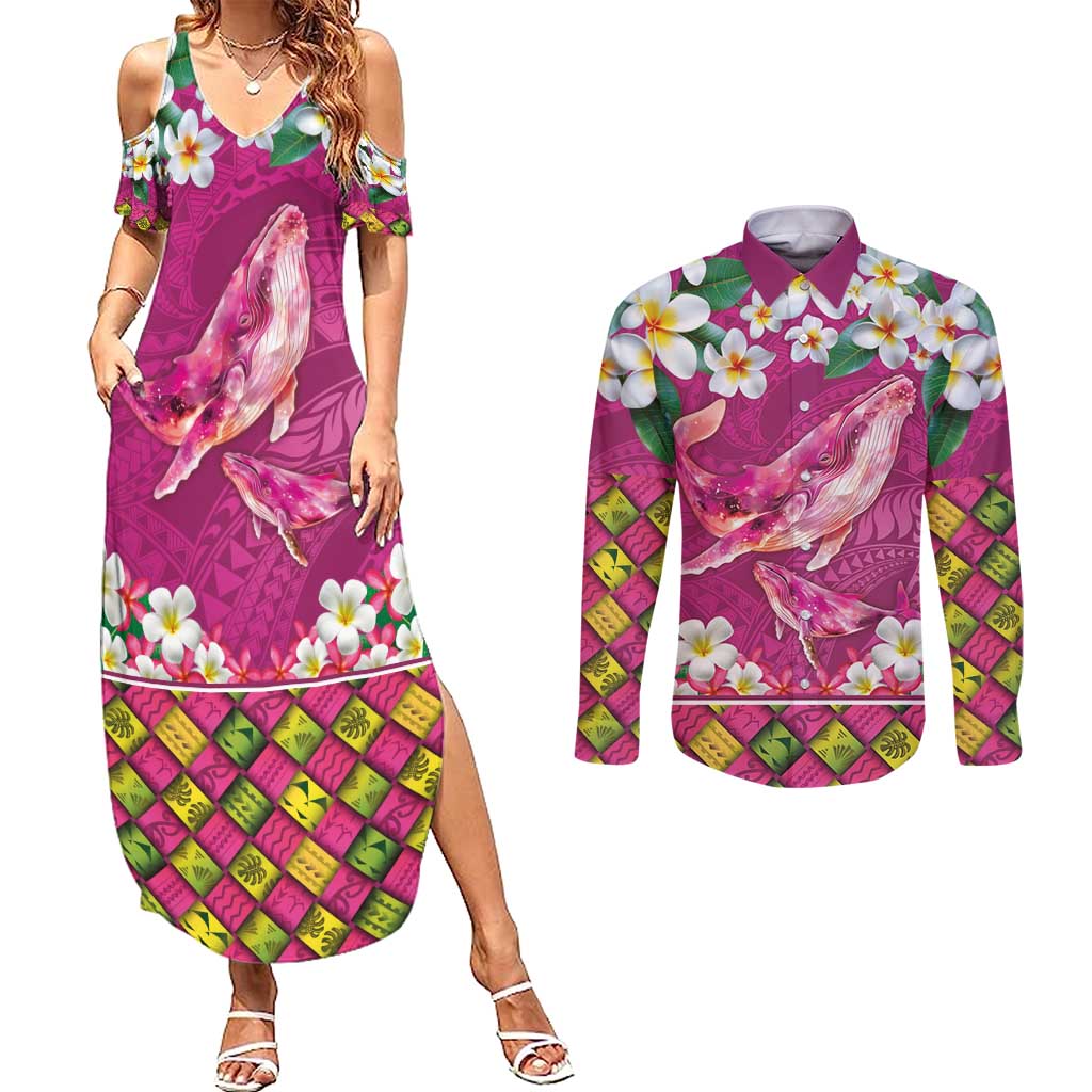Hawaiian Plumeria and Humpback Whales Couples Matching Summer Maxi Dress and Long Sleeve Button Shirt Polynerian Art Tattoo-Plum Pink Color