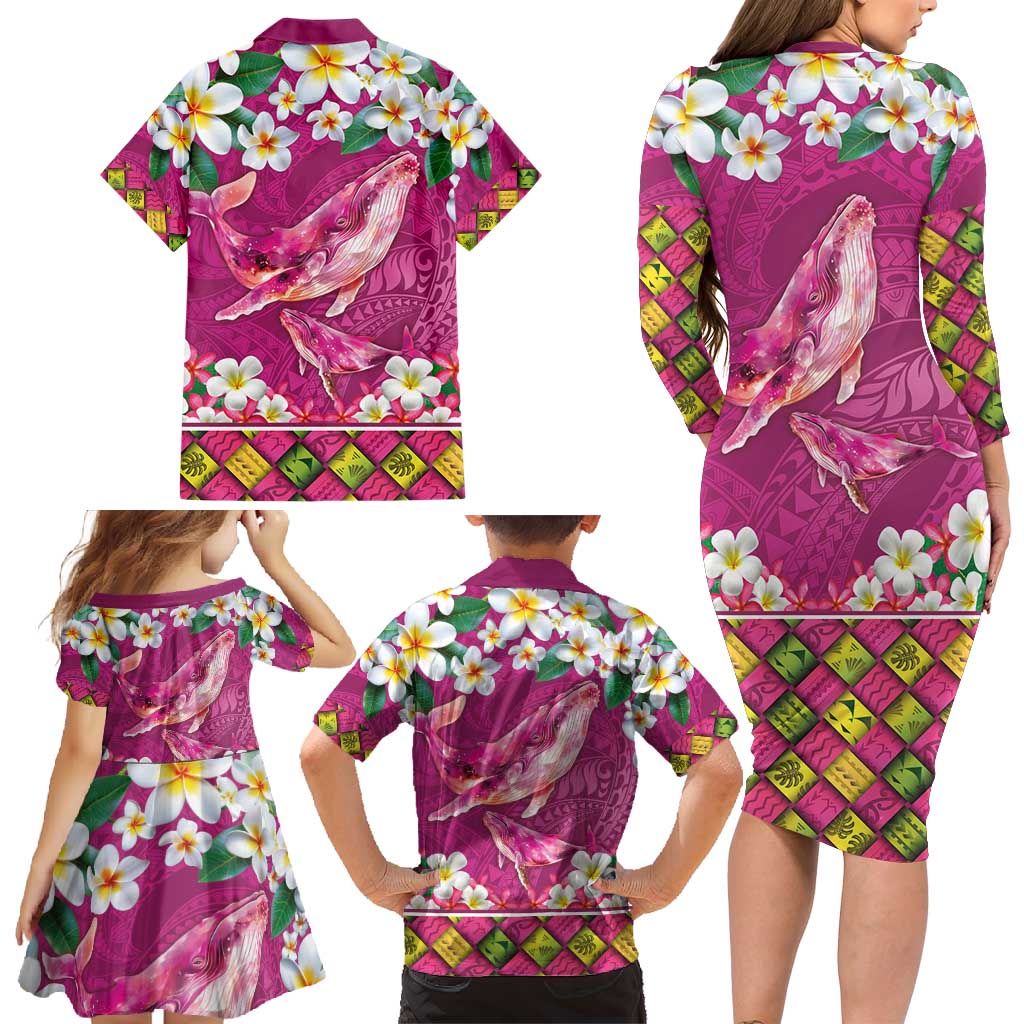 Hawaiian Plumeria and Humpback Whales Family Matching Long Sleeve Bodycon Dress and Hawaiian Shirt Polynerian Art Tattoo-Plum Pink Color