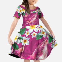 Hawaiian Plumeria and Humpback Whales Family Matching Off Shoulder Maxi Dress and Hawaiian Shirt Polynerian Art Tattoo-Plum Pink Color LT03 Daughter's Dress Pink - Polynesian Pride