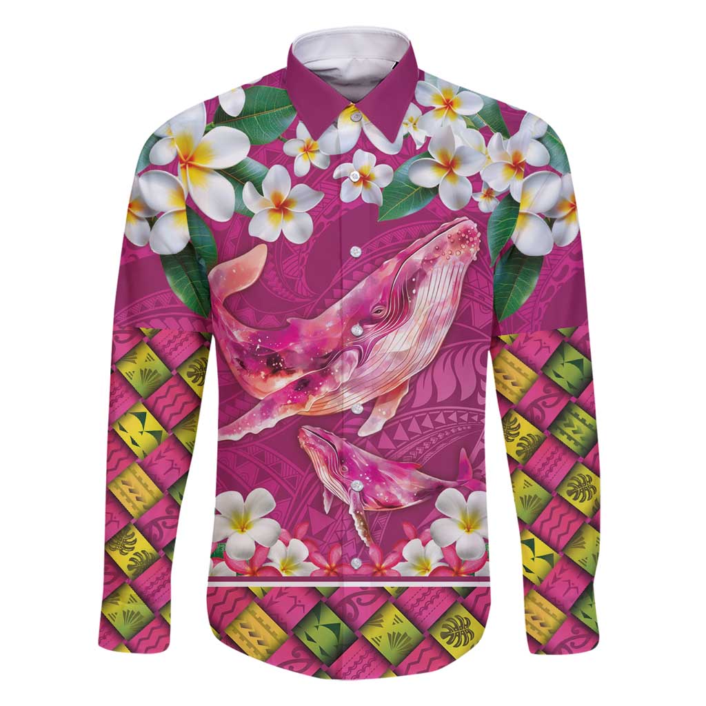 Hawaiian Plumeria and Humpback Whales Family Matching Off Shoulder Maxi Dress and Hawaiian Shirt Polynerian Art Tattoo-Plum Pink Color LT03 Dad's Shirt - Long Sleeve Pink - Polynesian Pride
