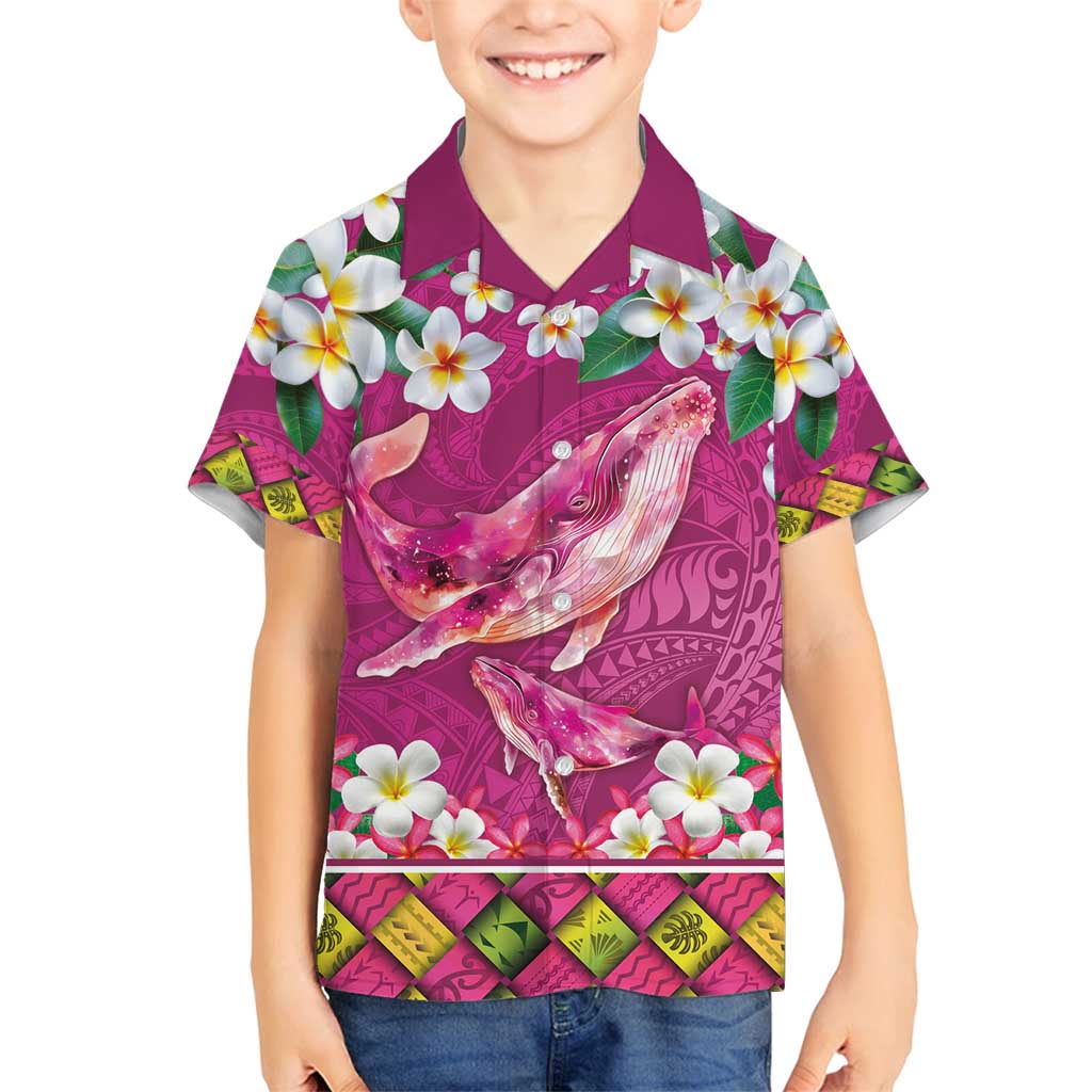 Hawaiian Plumeria and Humpback Whales Family Matching Off Shoulder Maxi Dress and Hawaiian Shirt Polynerian Art Tattoo-Plum Pink Color LT03 Son's Shirt Pink - Polynesian Pride