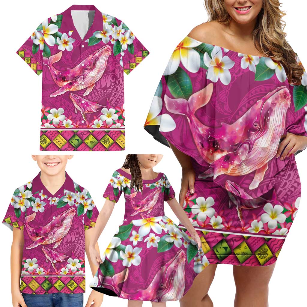 Hawaiian Plumeria and Humpback Whales Family Matching Off Shoulder Short Dress and Hawaiian Shirt Polynerian Art Tattoo-Plum Pink Color