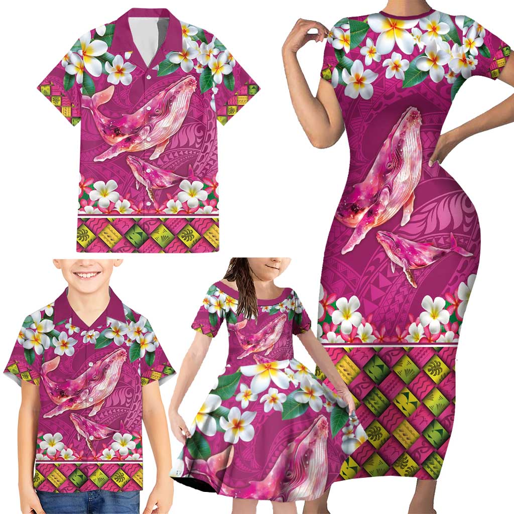 Hawaiian Plumeria and Humpback Whales Family Matching Short Sleeve Bodycon Dress and Hawaiian Shirt Polynerian Art Tattoo-Plum Pink Color