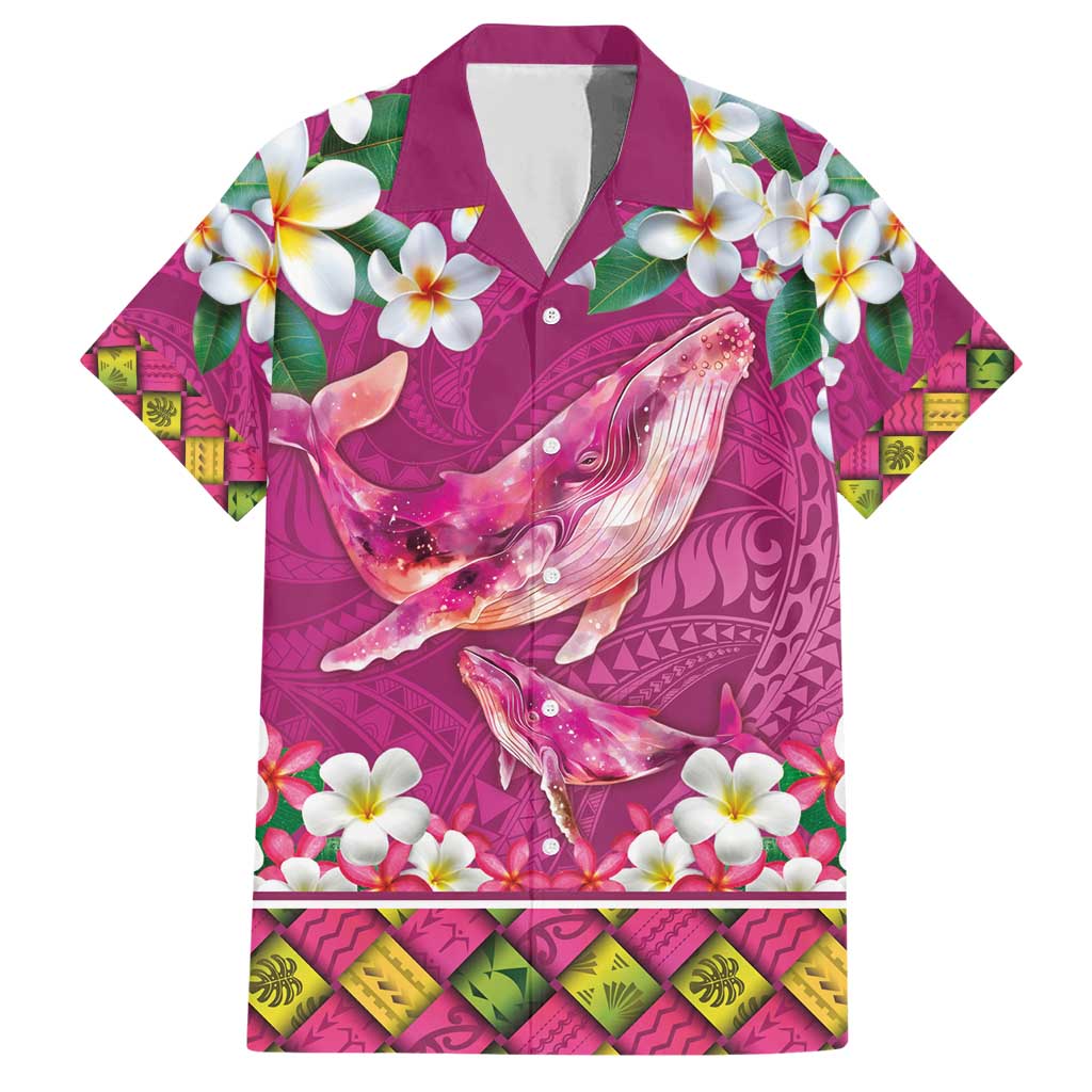 Hawaiian Plumeria and Humpback Whales Family Matching Short Sleeve Bodycon Dress and Hawaiian Shirt Polynerian Art Tattoo-Plum Pink Color