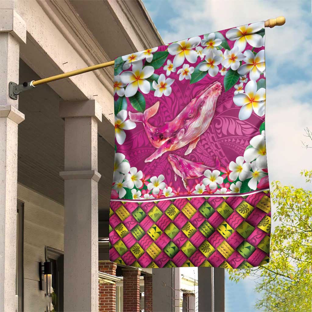 Hawaiian Plumeria and Humpback Whales Garden Flag Polynerian Art Tattoo-Plum Pink Color LT03 House Flag Pink - Polynesian Pride
