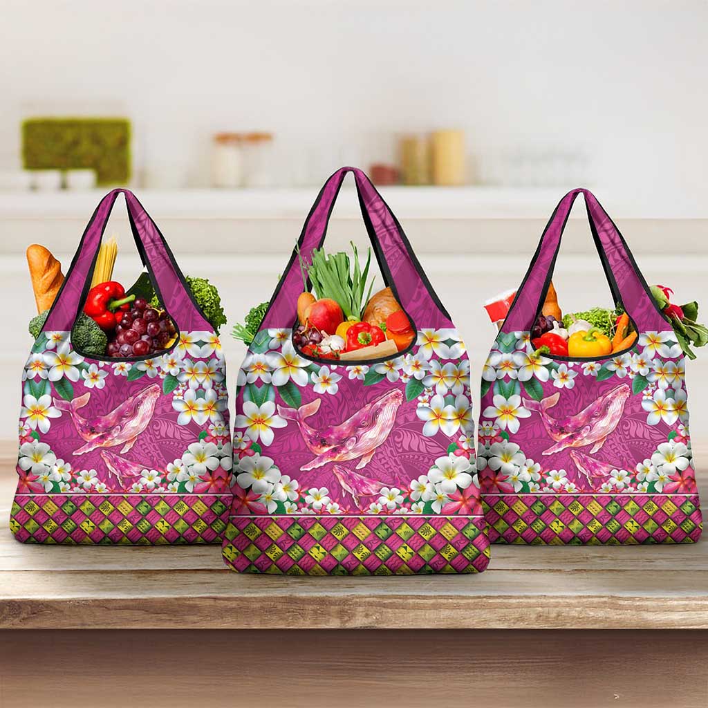 Hawaiian Plumeria and Humpback Whales Grocery Bag Polynerian Art Tattoo-Plum Pink Color LT03 3-pack One Size Pink - Polynesian Pride