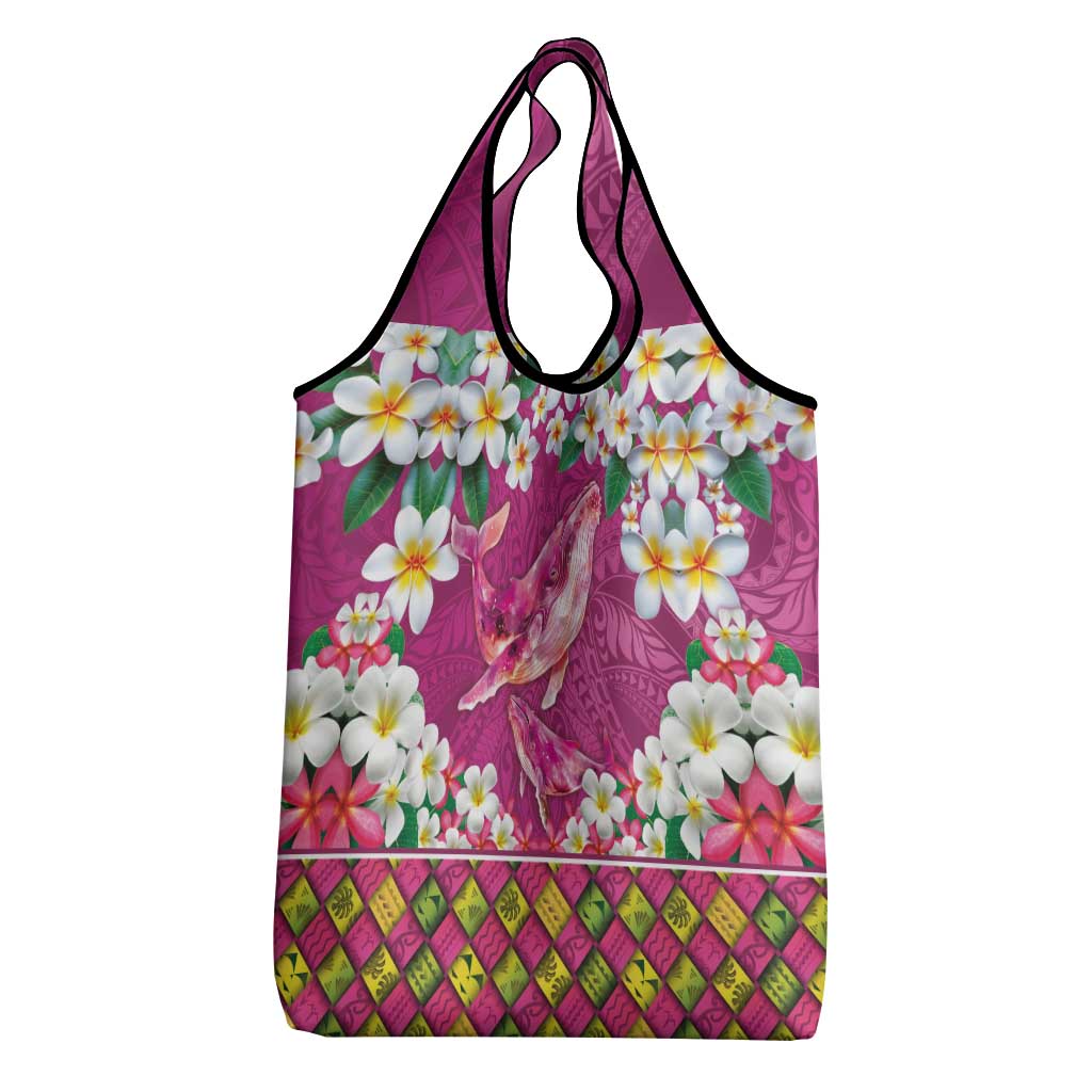 Hawaiian Plumeria and Humpback Whales Grocery Bag Polynerian Art Tattoo-Plum Pink Color LT03 - Polynesian Pride