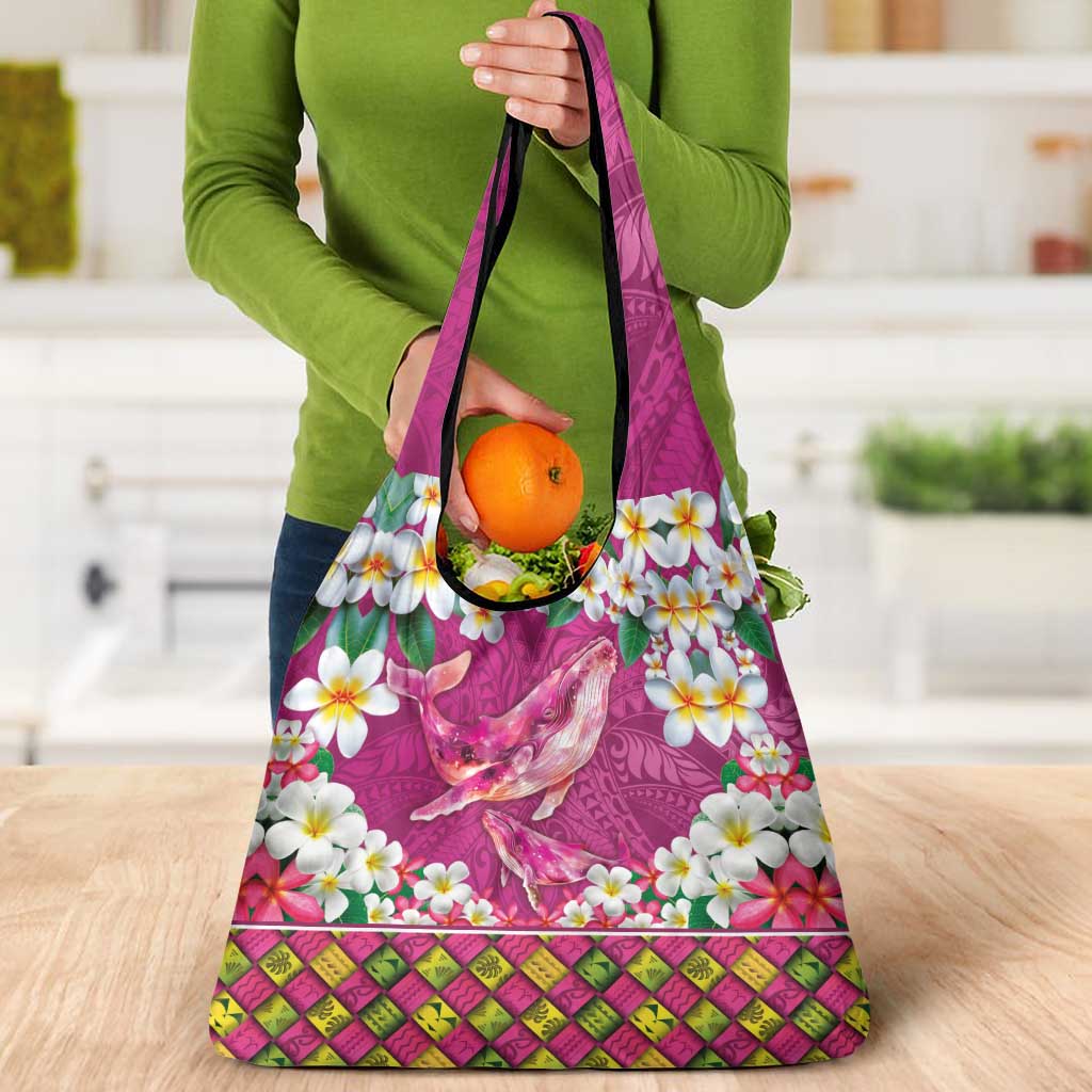 Hawaiian Plumeria and Humpback Whales Grocery Bag Polynerian Art Tattoo-Plum Pink Color LT03 - Polynesian Pride