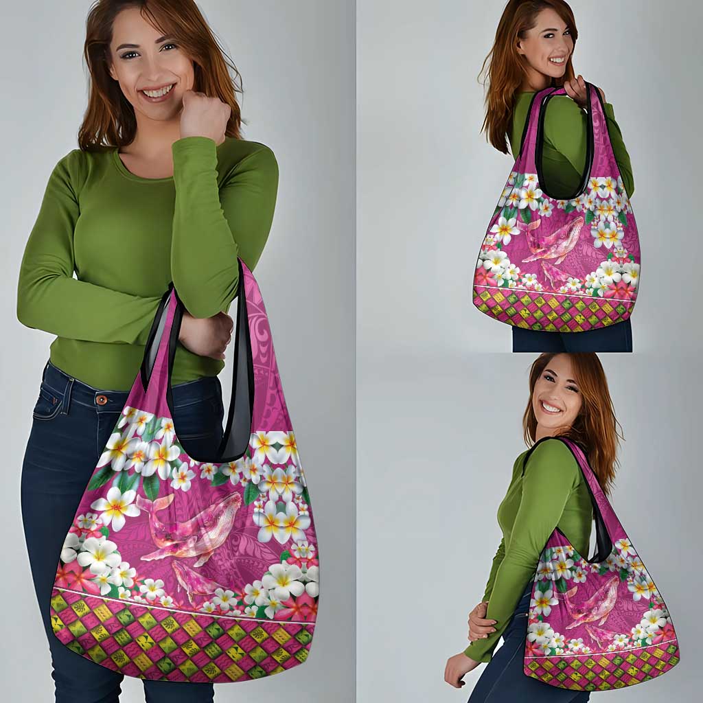 Hawaiian Plumeria and Humpback Whales Grocery Bag Polynerian Art Tattoo-Plum Pink Color LT03 - Polynesian Pride
