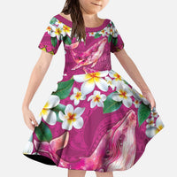 Hawaiian Plumeria and Humpback Whales Kid Short Sleeve Dress Polynerian Art Tattoo-Plum Pink Color LT03 KID Pink - Polynesian Pride