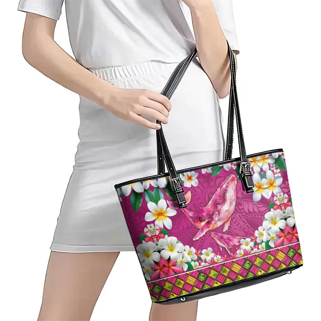 Hawaiian Plumeria and Humpback Whales Leather Tote Bag Polynerian Art Tattoo-Plum Pink Color LT03 - Polynesian Pride