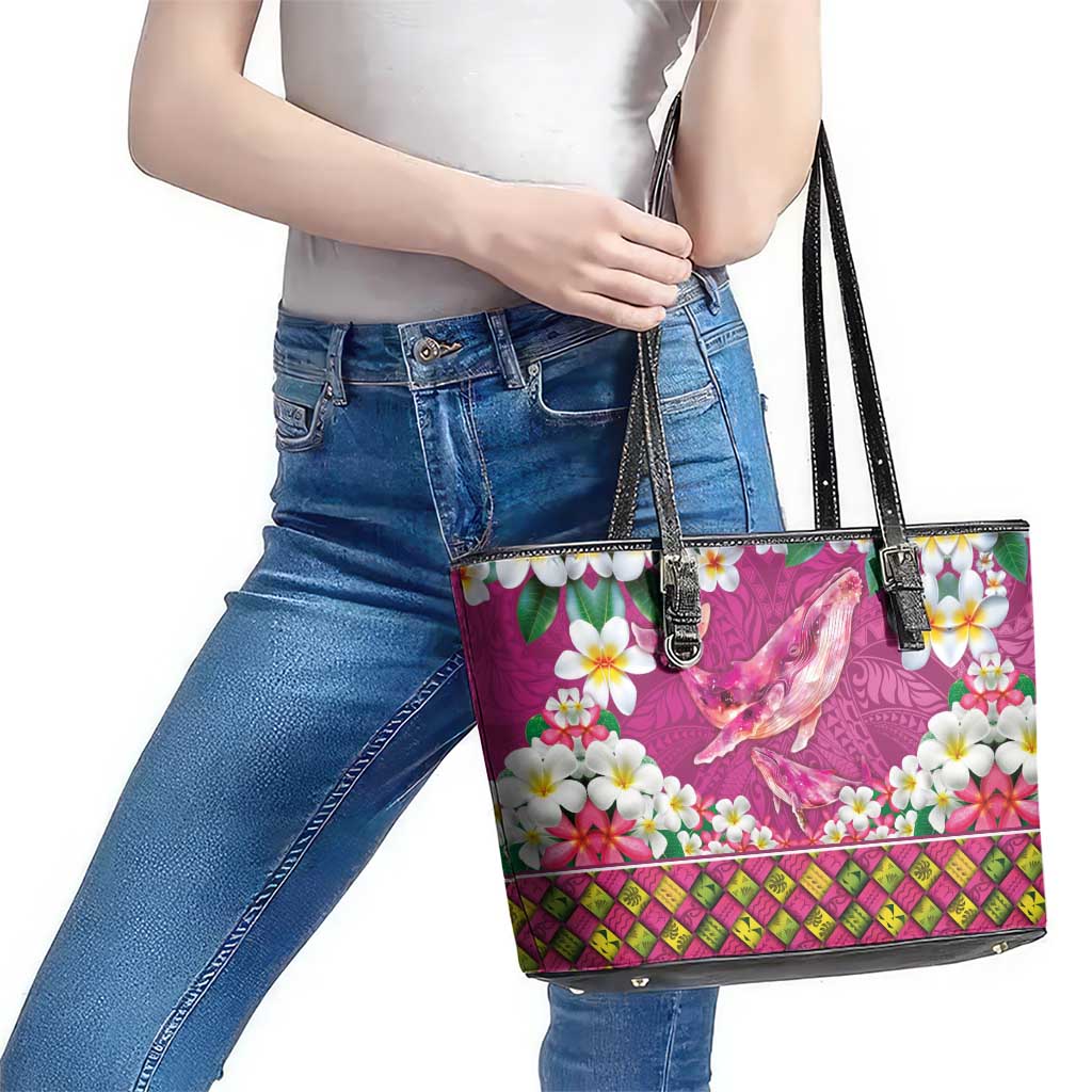 Hawaiian Plumeria and Humpback Whales Leather Tote Bag Polynerian Art Tattoo-Plum Pink Color LT03 - Polynesian Pride