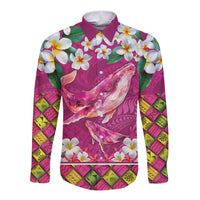 Hawaiian Plumeria and Humpback Whales Long Sleeve Button Shirt Polynerian Art Tattoo-Plum Pink Color LT03 Unisex Pink - Polynesian Pride
