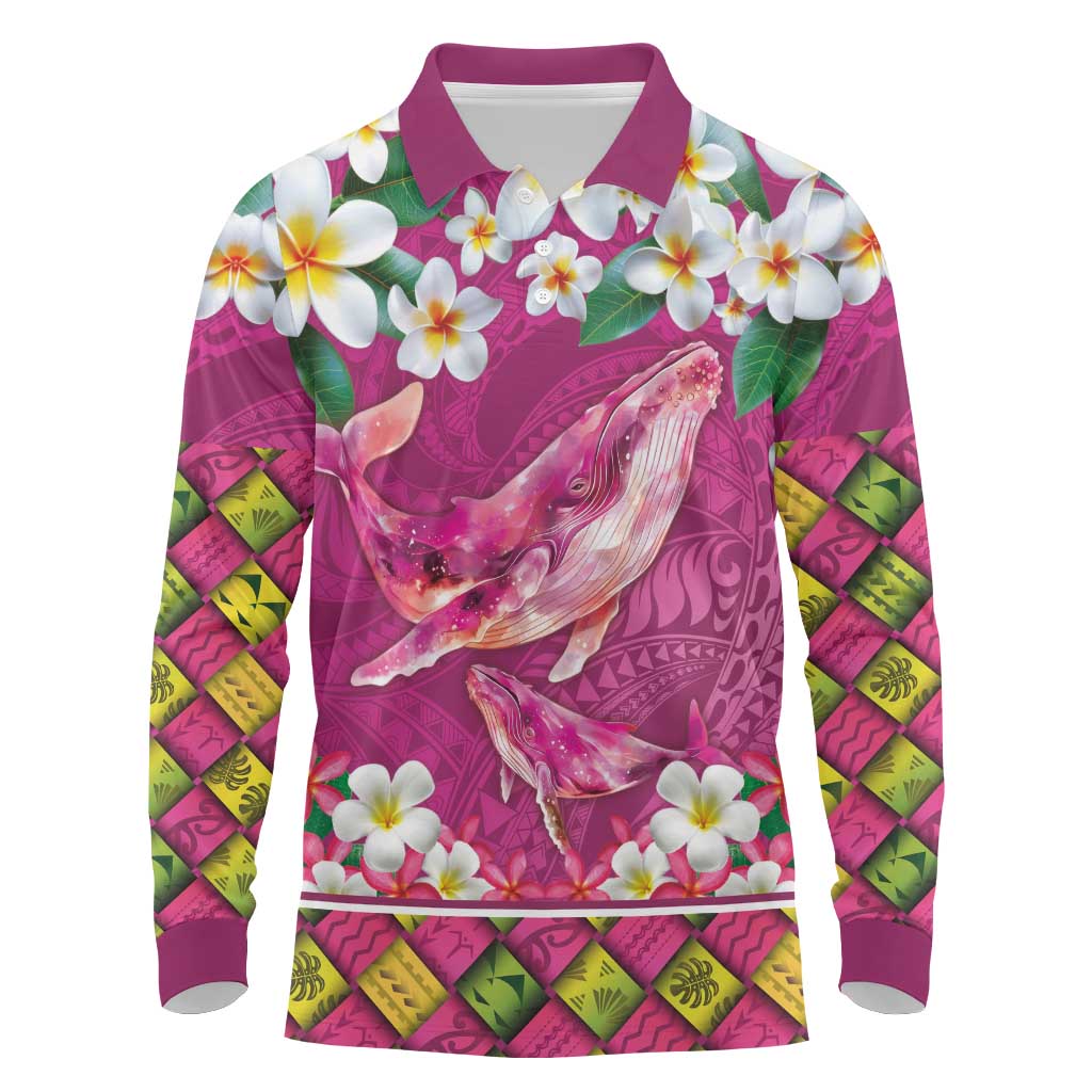 Hawaiian Plumeria and Humpback Whales Long Sleeve Polo Shirt Polynerian Art Tattoo-Plum Pink Color LT03 Pink - Polynesian Pride