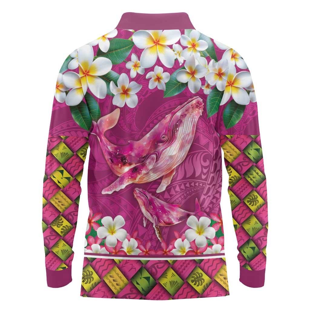 Hawaiian Plumeria and Humpback Whales Long Sleeve Polo Shirt Polynerian Art Tattoo-Plum Pink Color LT03 - Polynesian Pride