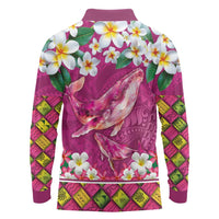 Hawaiian Plumeria and Humpback Whales Long Sleeve Polo Shirt Polynerian Art Tattoo-Plum Pink Color LT03 - Polynesian Pride