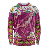 Hawaiian Plumeria and Humpback Whales Long Sleeve Shirt Polynerian Art Tattoo-Plum Pink Color LT03 Unisex Pink - Polynesian Pride