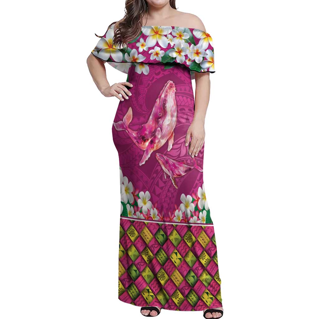 Hawaiian Plumeria and Humpback Whales Off Shoulder Maxi Dress Polynerian Art Tattoo-Plum Pink Color LT03 Women Pink - Polynesian Pride