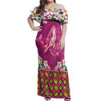 Hawaiian Plumeria and Humpback Whales Off Shoulder Maxi Dress Polynerian Art Tattoo-Plum Pink Color LT03 Women Pink - Polynesian Pride