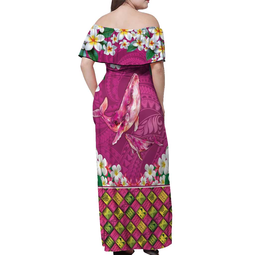 Hawaiian Plumeria and Humpback Whales Off Shoulder Maxi Dress Polynerian Art Tattoo-Plum Pink Color LT03 - Polynesian Pride