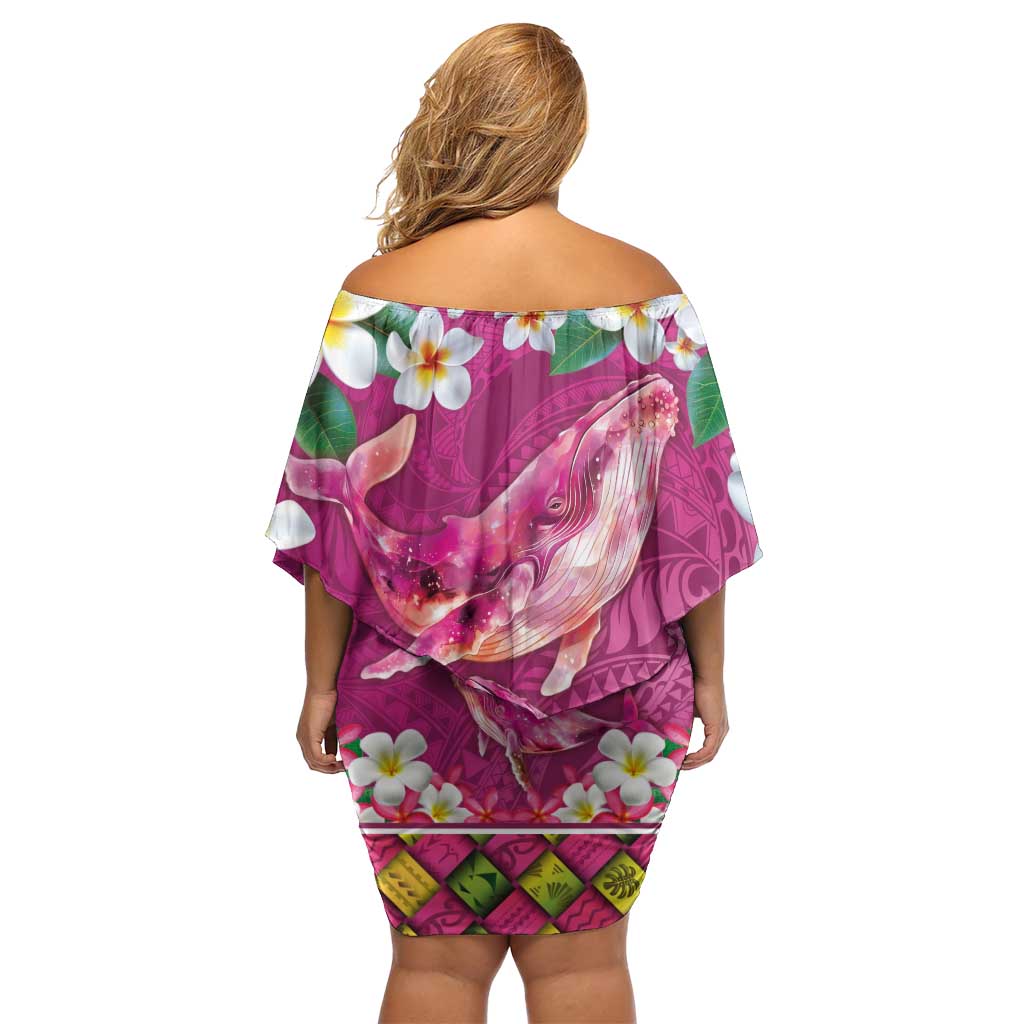 Hawaiian Plumeria and Humpback Whales Off Shoulder Short Dress Polynerian Art Tattoo-Plum Pink Color LT03 - Polynesian Pride