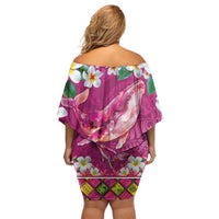 Hawaiian Plumeria and Humpback Whales Off Shoulder Short Dress Polynerian Art Tattoo-Plum Pink Color LT03 - Polynesian Pride