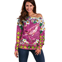 Hawaiian Plumeria and Humpback Whales Off Shoulder Sweater Polynerian Art Tattoo-Plum Pink Color LT03 Women Pink - Polynesian Pride