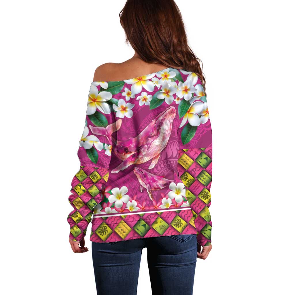 Hawaiian Plumeria and Humpback Whales Off Shoulder Sweater Polynerian Art Tattoo-Plum Pink Color LT03 - Polynesian Pride