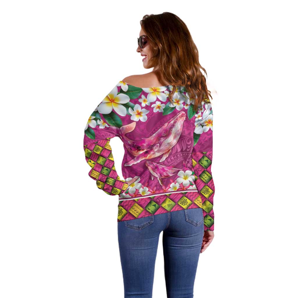 Hawaiian Plumeria and Humpback Whales Off Shoulder Sweater Polynerian Art Tattoo-Plum Pink Color LT03 - Polynesian Pride