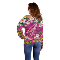 Hawaiian Plumeria and Humpback Whales Off Shoulder Sweater Polynerian Art Tattoo-Plum Pink Color LT03 - Polynesian Pride