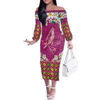 Hawaiian Plumeria and Humpback Whales Off The Shoulder Long Sleeve Dress Polynerian Art Tattoo-Plum Pink Color LT03 Women Pink - Polynesian Pride