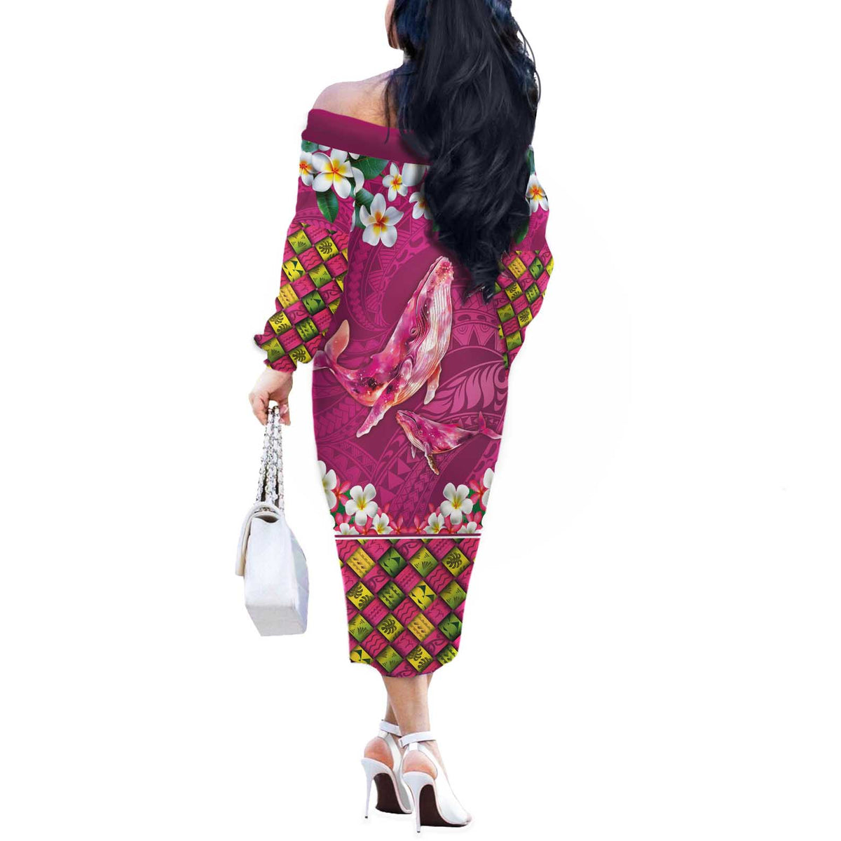 Hawaiian Plumeria and Humpback Whales Off The Shoulder Long Sleeve Dress Polynerian Art Tattoo-Plum Pink Color LT03 - Polynesian Pride