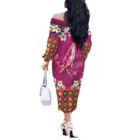 Hawaiian Plumeria and Humpback Whales Off The Shoulder Long Sleeve Dress Polynerian Art Tattoo-Plum Pink Color LT03 - Polynesian Pride