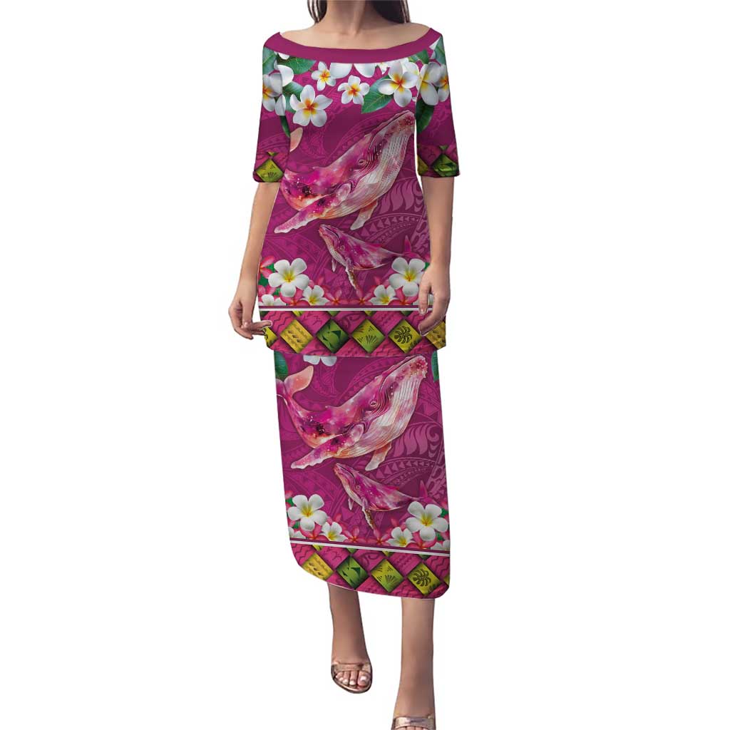 Hawaiian Plumeria and Humpback Whales Puletasi Polynerian Art Tattoo-Plum Pink Color LT03 Long Dress Pink - Polynesian Pride