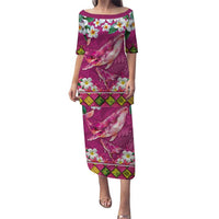 Hawaiian Plumeria and Humpback Whales Puletasi Polynerian Art Tattoo-Plum Pink Color LT03 Long Dress Pink - Polynesian Pride