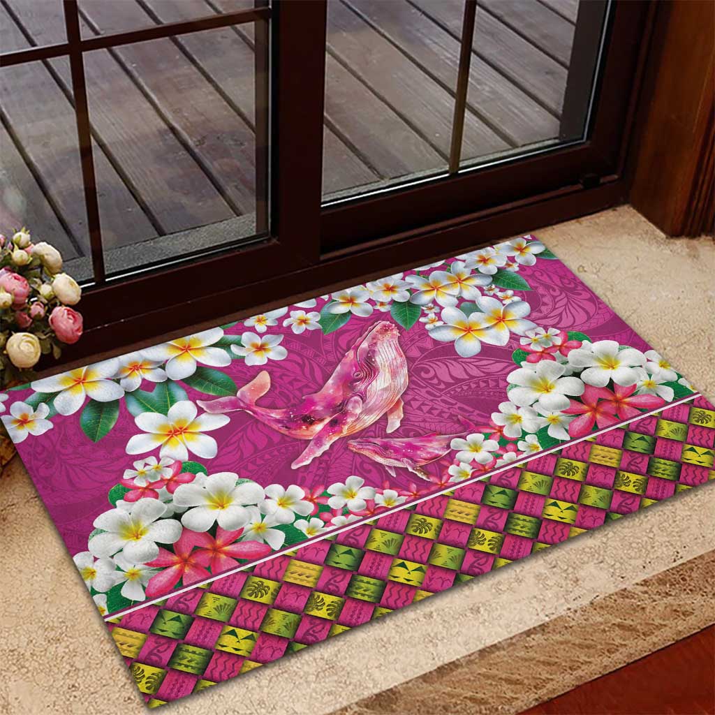 Hawaiian Plumeria and Humpback Whales Rubber Doormat Polynerian Art Tattoo-Plum Pink Color LT03 - Polynesian Pride