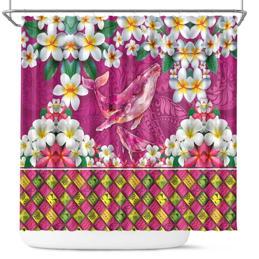 Hawaiian Plumeria and Humpback Whales Shower Curtain Polynerian Art Tattoo-Plum Pink Color LT03 Pink - Polynesian Pride