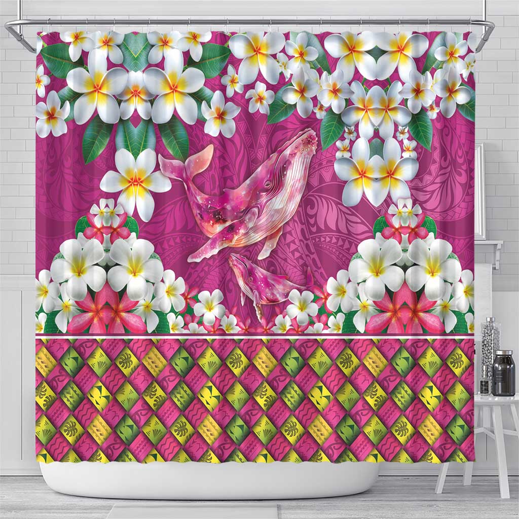 Hawaiian Plumeria and Humpback Whales Shower Curtain Polynerian Art Tattoo-Plum Pink Color LT03 - Polynesian Pride
