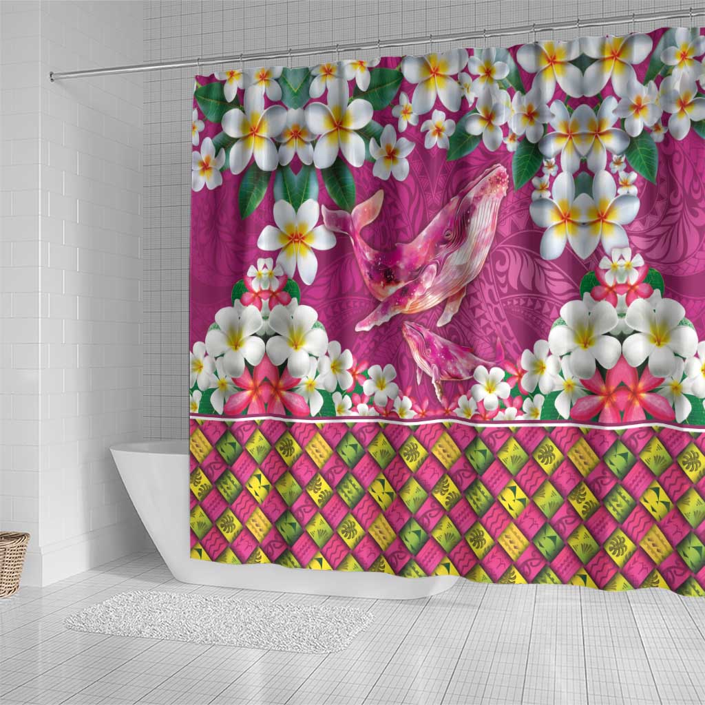 Hawaiian Plumeria and Humpback Whales Shower Curtain Polynerian Art Tattoo-Plum Pink Color LT03 - Polynesian Pride
