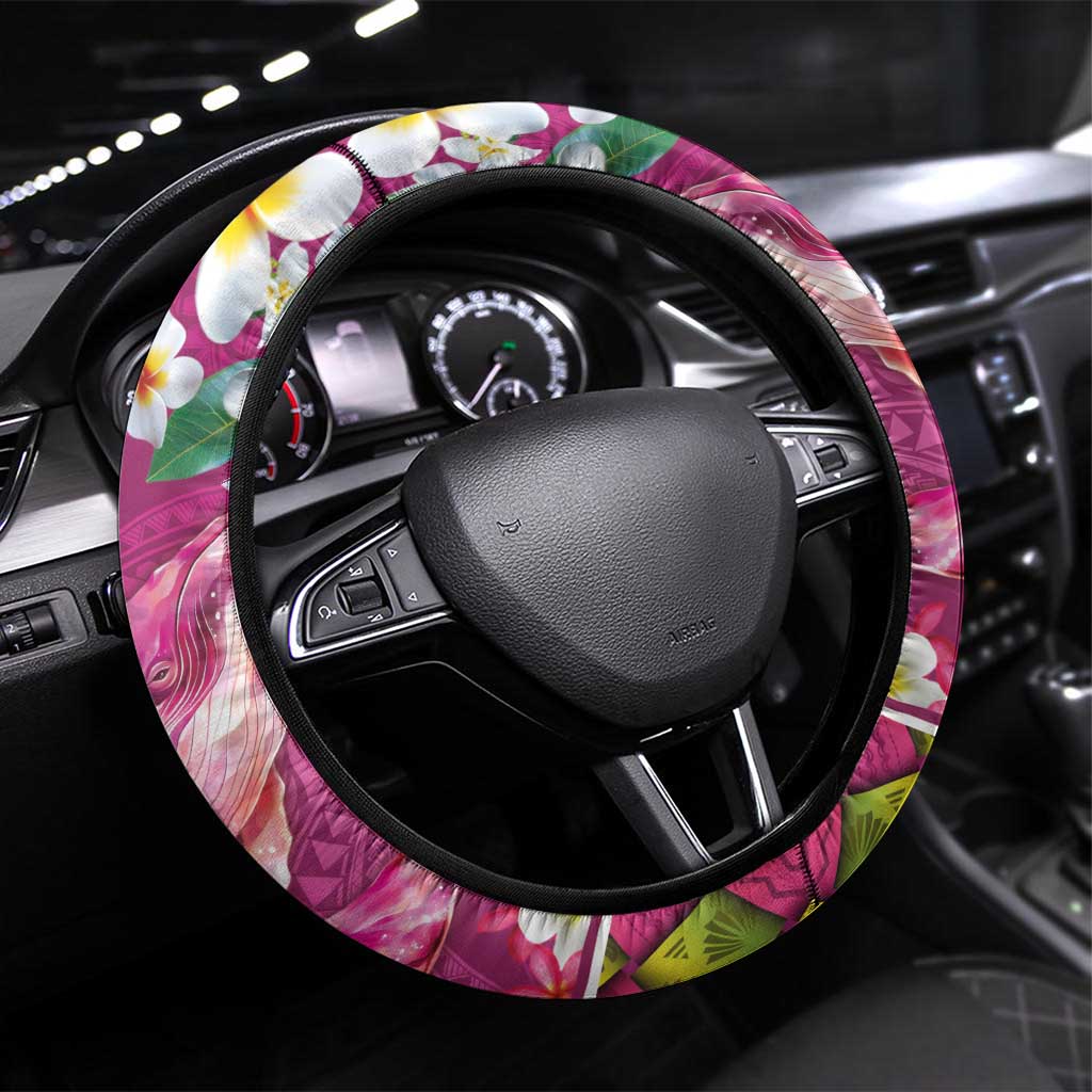 Hawaiian Plumeria and Humpback Whales Steering Wheel Cover Polynerian Art Tattoo-Plum Pink Color LT03 Universal Fit Pink - Polynesian Pride