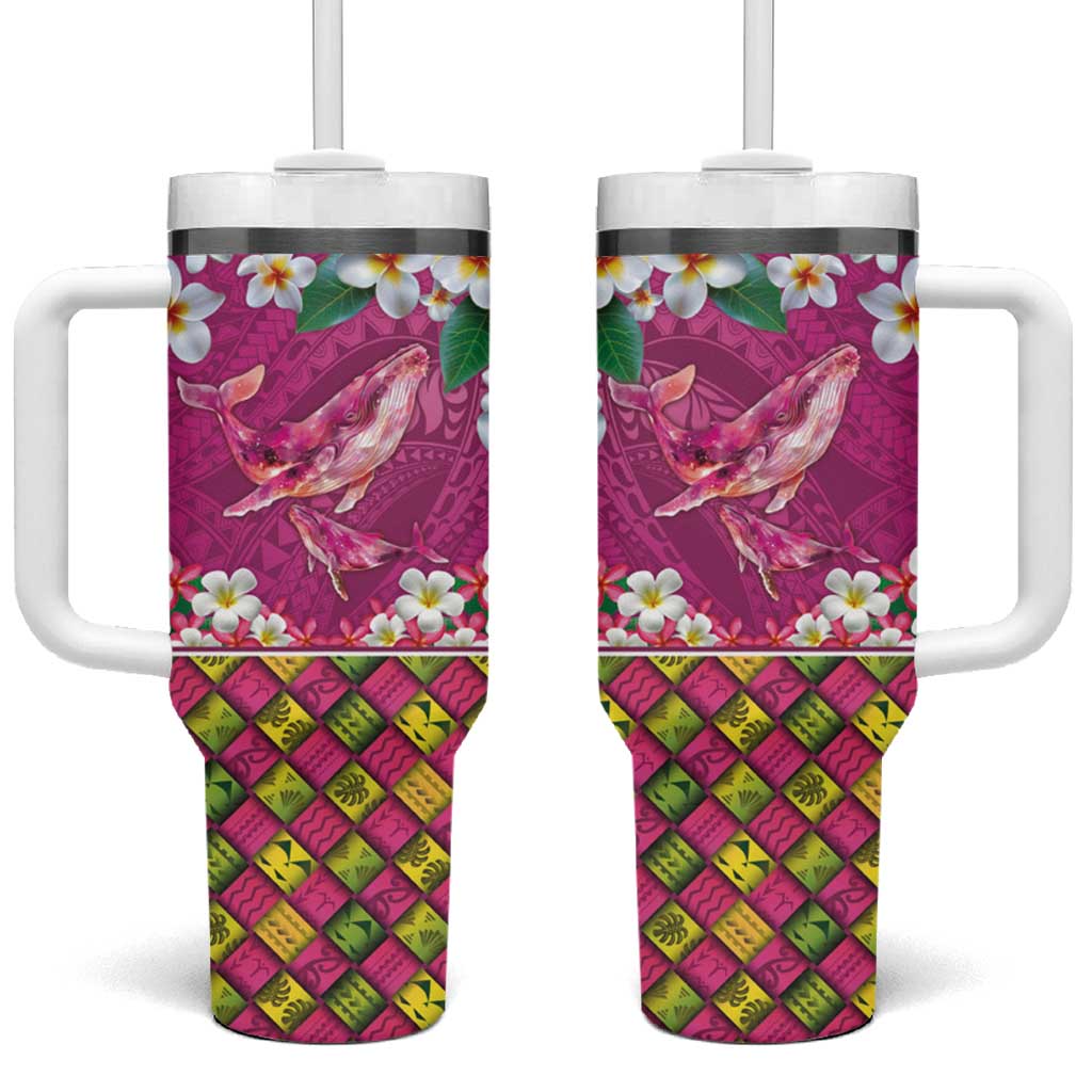 Hawaiian Plumeria and Humpback Whales Tumbler With Handle Polynerian Art Tattoo-Plum Pink Color LT03 One Size: 40 oz Pink - Polynesian Pride