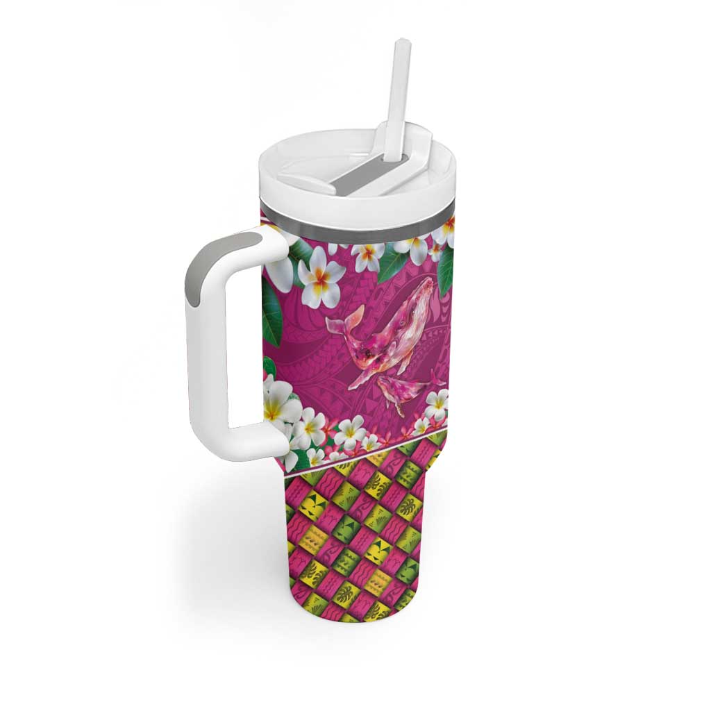 Hawaiian Plumeria and Humpback Whales Tumbler With Handle Polynerian Art Tattoo-Plum Pink Color LT03 - Polynesian Pride
