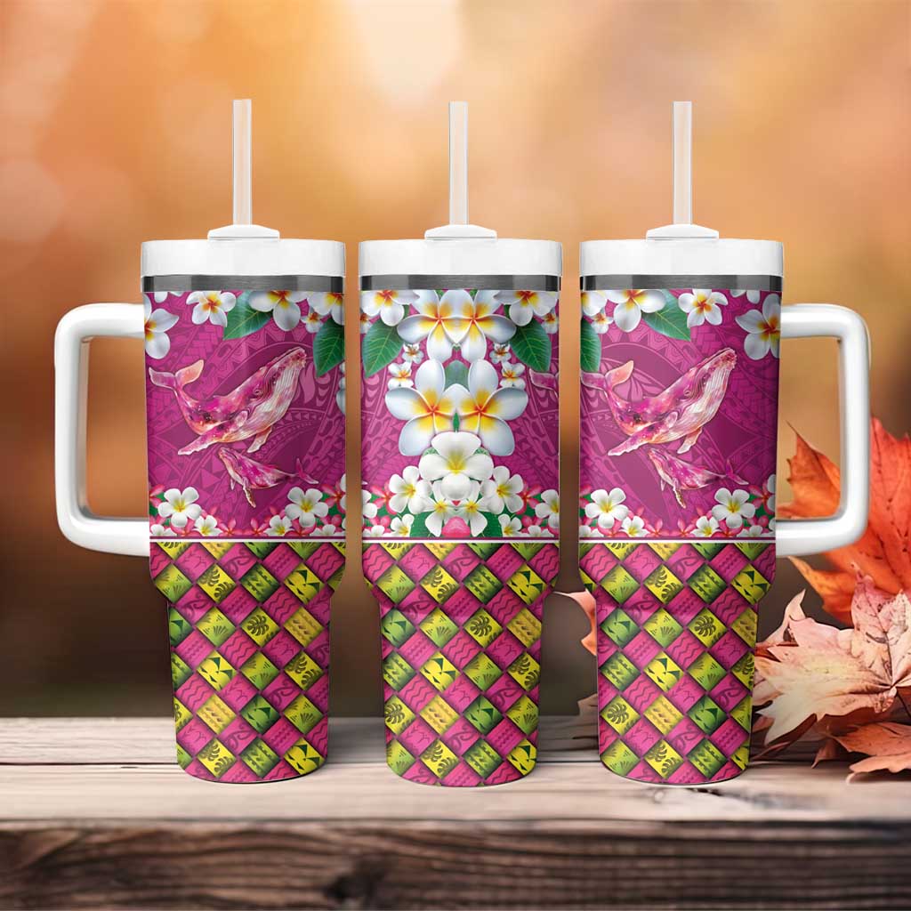 Hawaiian Plumeria and Humpback Whales Tumbler With Handle Polynerian Art Tattoo-Plum Pink Color LT03 - Polynesian Pride