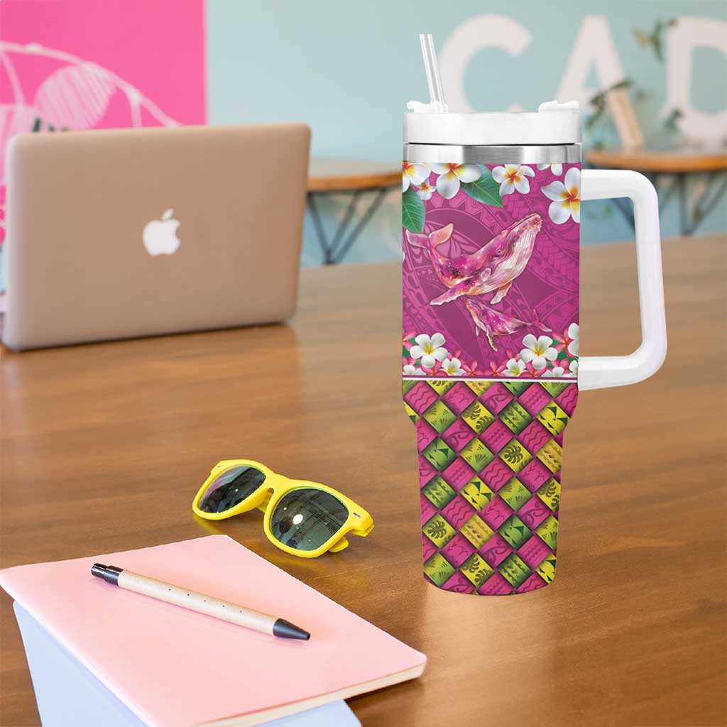 Hawaiian Plumeria and Humpback Whales Tumbler With Handle Polynerian Art Tattoo-Plum Pink Color LT03 - Polynesian Pride