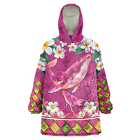 Hawaiian Plumeria and Humpback Whales Wearable Blanket Hoodie Polynerian Art Tattoo-Plum Pink Color LT03 One Size Pink - Polynesian Pride