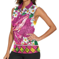 Hawaiian Plumeria and Humpback Whales Women Sleeveless Polo Shirt Polynerian Art Tattoo-Plum Pink Color LT03 - Polynesian Pride